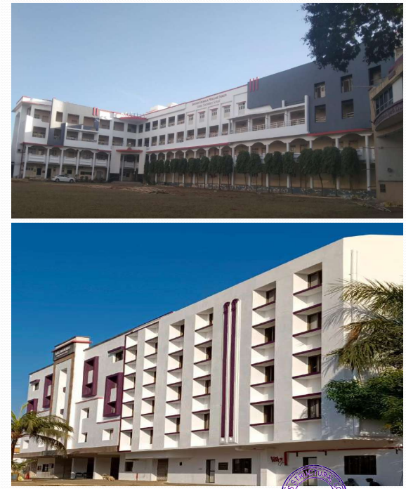 Two multi-story institutional buildings; the top building is white with red accents and trees in front, the bottom building is white with maroon vertical accents under a clear blue sky.